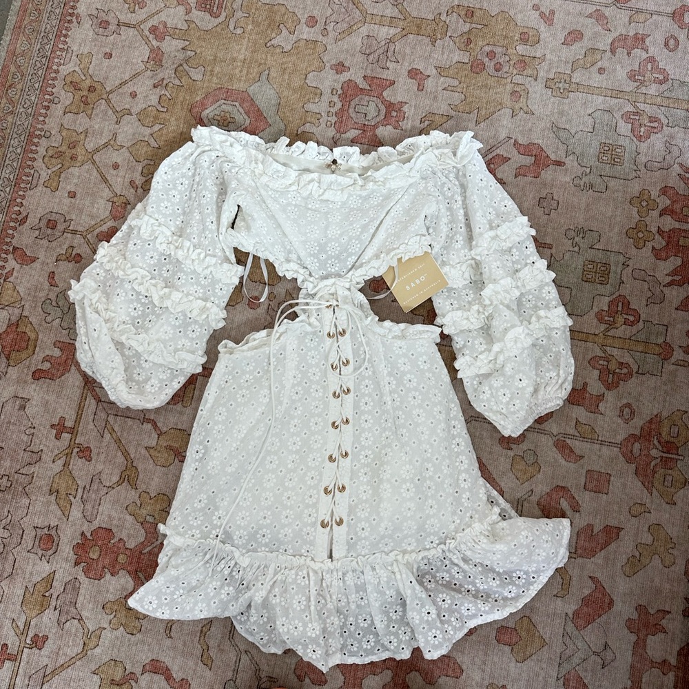 Sabo White Ruffle Embroidered Dress